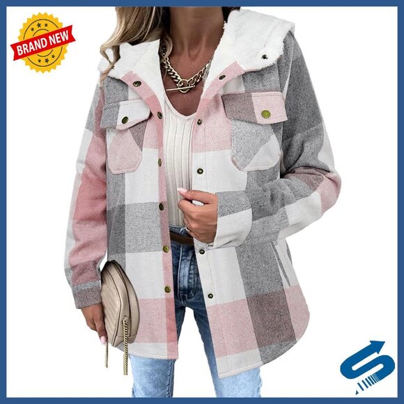 Jackets & Blazers - Women's Plaid Shacket Hooded Fleece Jacket Long Sleeve Oversized Fit